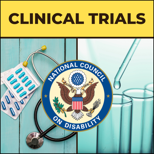 Clinical trials. National Council on Disability seal and various medical and scientific instruments